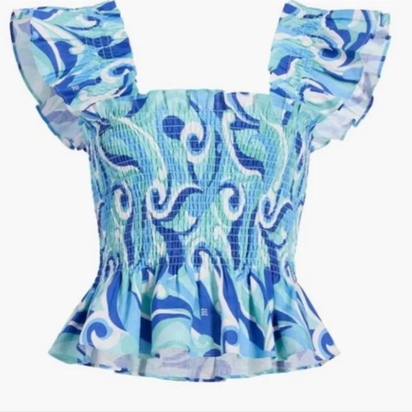 Hill House Tops - NEW Hill House Paz Top Size S Ocean Kaleidoscope Sleeveless Smocked Linen Nap